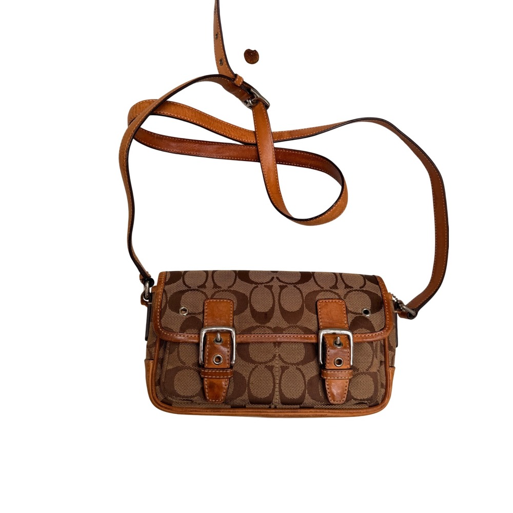 Coach Signature Monogram Canvas Brown Leather Buckle Crossbody Bag 6341